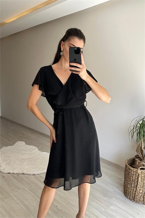Dipmoda kadın v yaka kuşaklı mini şifon elbise NM007
