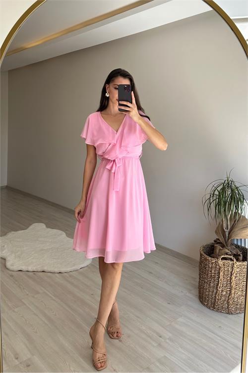 Dipmoda kadın v yaka kuşaklı mini şifon elbise NM007