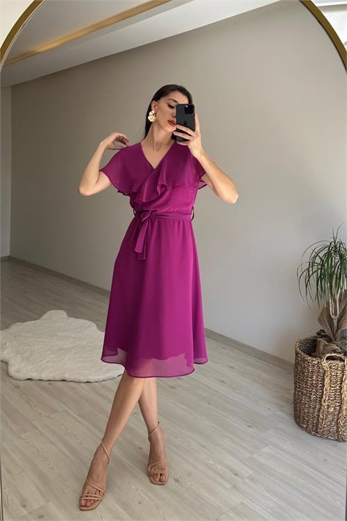 Dipmoda kadın v yaka kuşaklı mini şifon elbise NM007