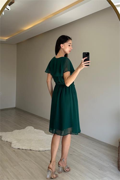 Dipmoda kadın v yaka kuşaklı mini şifon elbise NM007