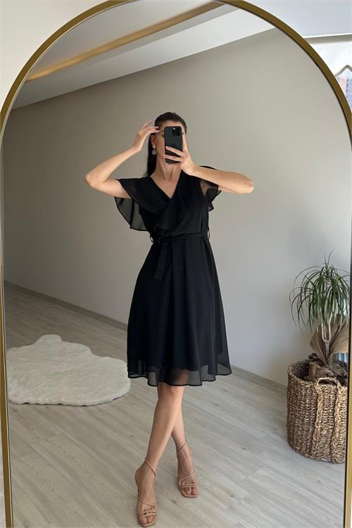 Dipmoda kadın v yaka kuşaklı mini şifon elbise NM007