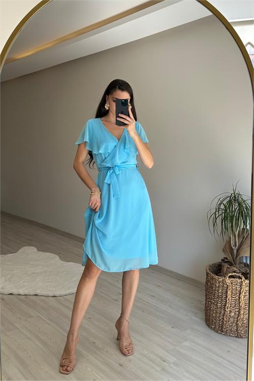 Dipmoda kadın v yaka kuşaklı mini şifon elbise NM007