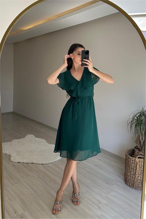 Dipmoda kadın v yaka kuşaklı mini şifon elbise NM007