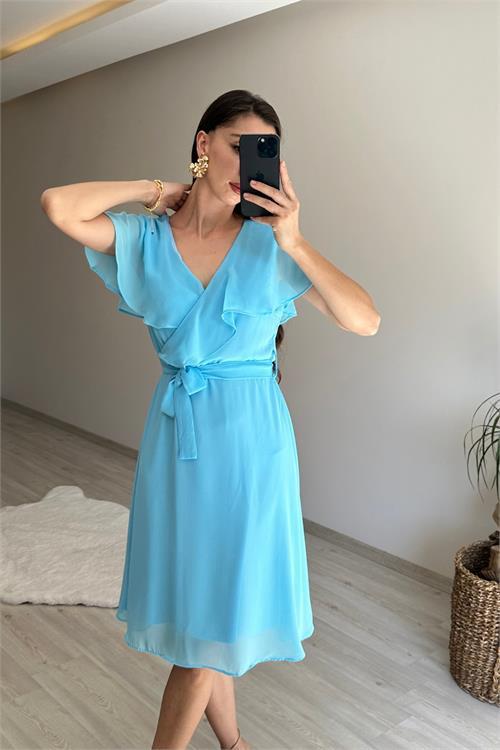 Dipmoda kadın v yaka kuşaklı mini şifon elbise NM007