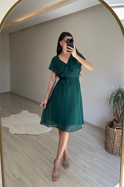 Dipmoda kadın v yaka kuşaklı mini şifon elbise NM007