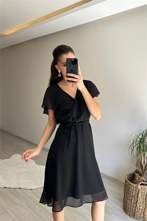 Dipmoda kadın v yaka kuşaklı mini şifon elbise NM007