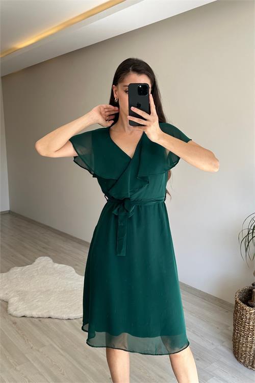 Dipmoda kadın v yaka kuşaklı mini şifon elbise NM007