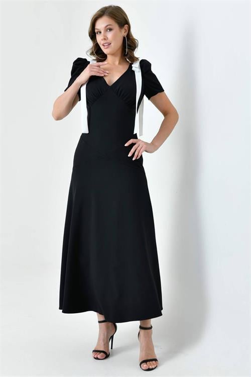 Dipmoda kadın V yaka omuz detaylı abiye elbise NBS9358 