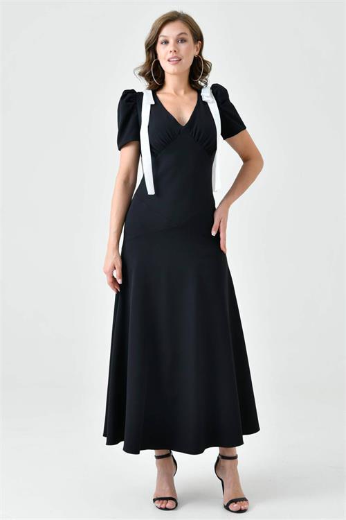 Dipmoda kadın V yaka omuz detaylı abiye elbise NBS9358 