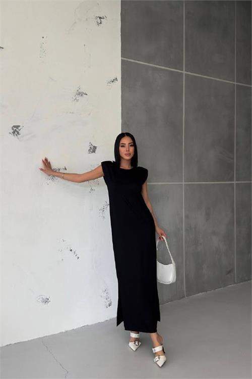 Dipmoda kadın vatkalı yırtmaç detaylı modal elbise NBG010 
