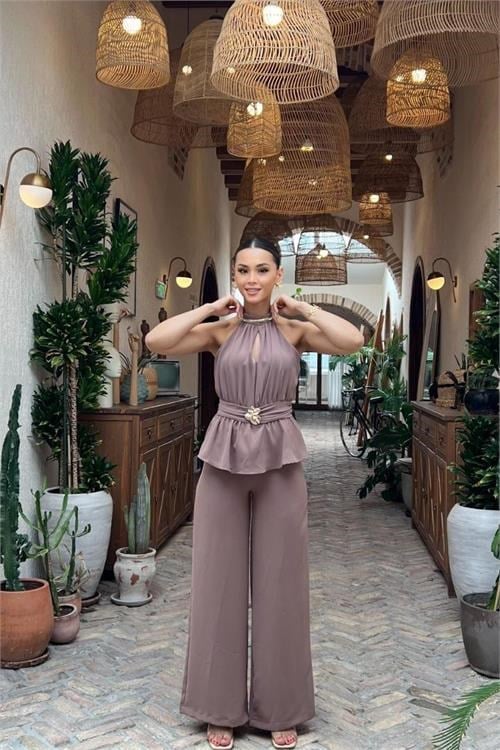 Dipmoda kadın vizon halter yaka bel toka kemer detaylı geniş paça premium tulum DPMY3944