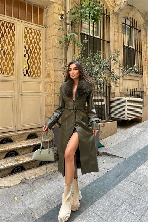 Dipmoda kadın yaka çıkarılabilir kürk detaylı düğmeli deri trençkot DPSTR1001