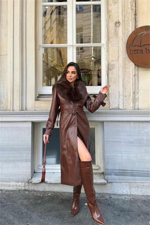 Dipmoda kadın yaka çıkarılabilir kürk detaylı düğmeli deri trençkot DPSTR1001