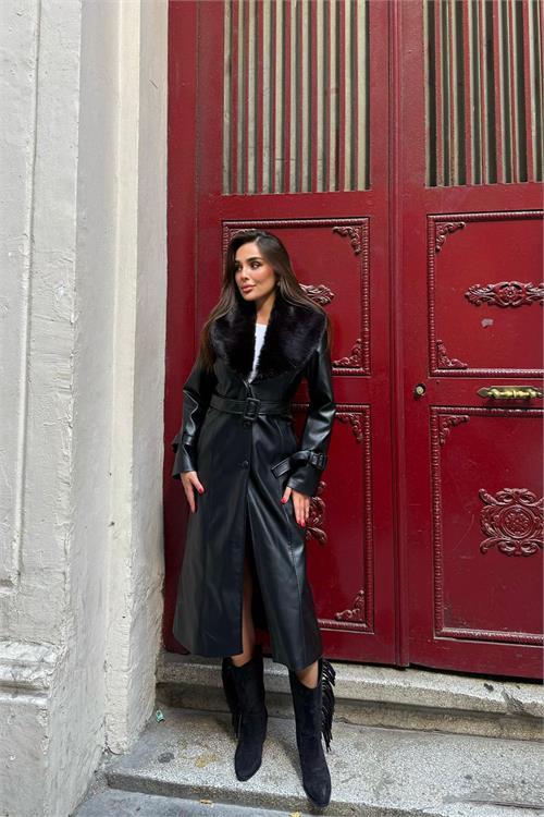 Dipmoda kadın yaka çıkarılabilir kürk detaylı düğmeli deri trençkot DPSTR1001