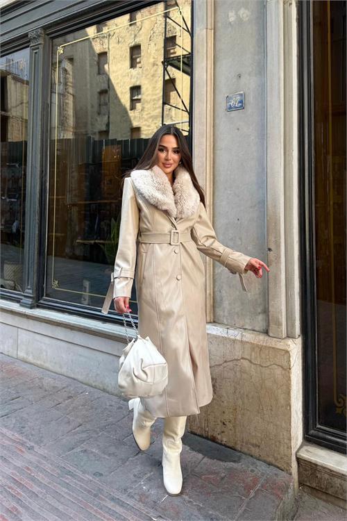 Dipmoda kadın yaka çıkarılabilir kürk detaylı düğmeli deri trençkot DPSTR1001