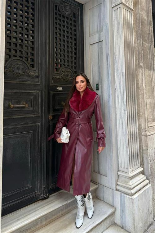 Dipmoda kadın yaka çıkarılabilir kürk detaylı düğmeli deri trençkot DPSTR1001