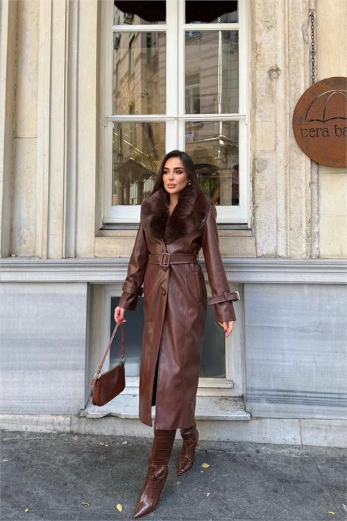 Dipmoda kadın yaka çıkarılabilir kürk detaylı düğmeli deri trençkot DPSTR1001