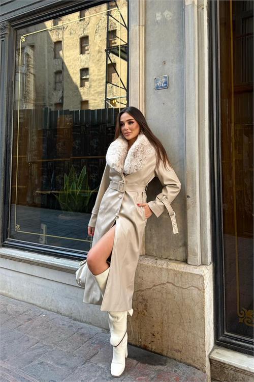 Dipmoda kadın yaka çıkarılabilir kürk detaylı düğmeli deri trençkot DPSTR1001