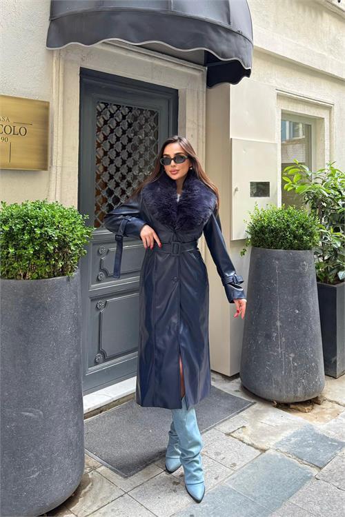 Dipmoda kadın yaka çıkarılabilir kürk detaylı düğmeli deri trençkot DPSTR1001