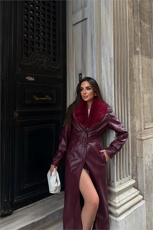 Dipmoda kadın yaka çıkarılabilir kürk detaylı düğmeli deri trençkot DPSTR1001