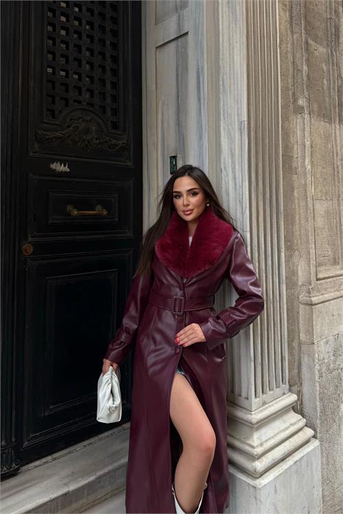 Dipmoda kadın yaka çıkarılabilir kürk detaylı düğmeli deri trençkot DPSTR1001