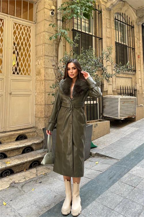 Dipmoda kadın yaka çıkarılabilir kürk detaylı düğmeli deri trençkot DPSTR1001