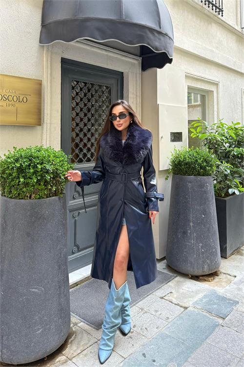 Dipmoda kadın yaka çıkarılabilir kürk detaylı düğmeli deri trençkot DPSTR1001