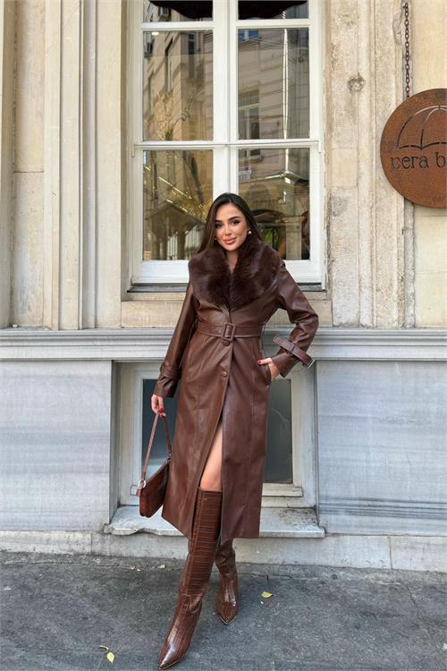 Dipmoda kadın yaka çıkarılabilir kürk detaylı düğmeli deri trençkot DPSTR1001