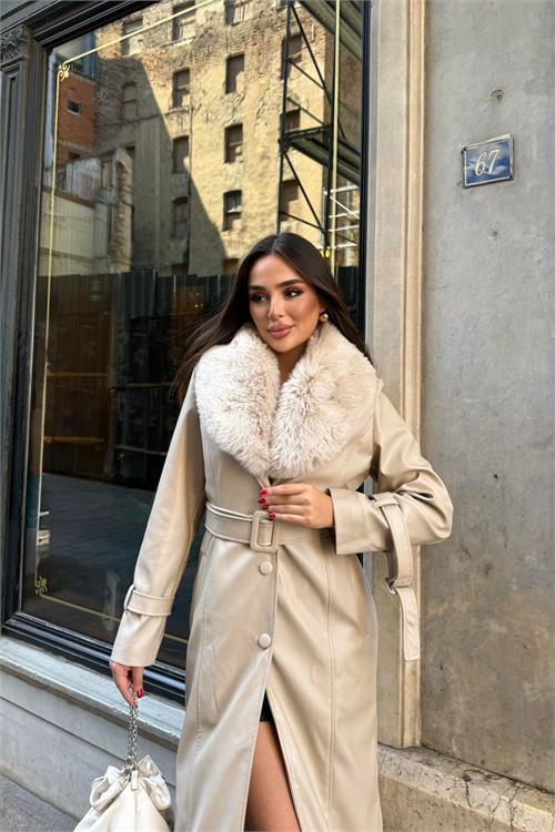 Dipmoda kadın yaka çıkarılabilir kürk detaylı düğmeli deri trençkot DPSTR1001