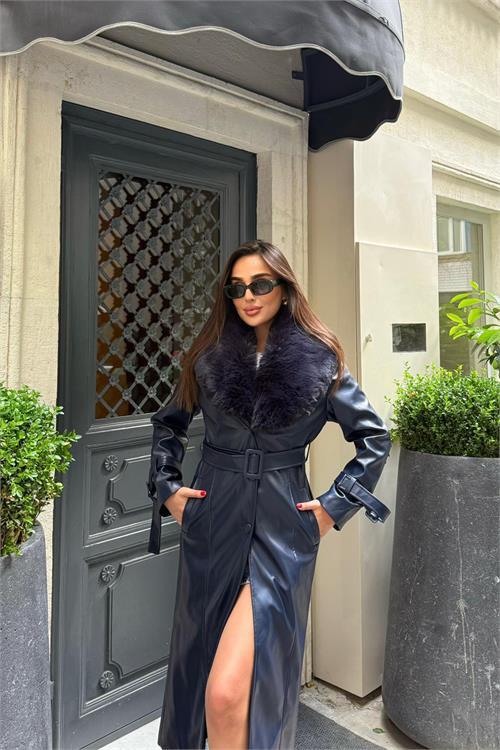 Dipmoda kadın yaka çıkarılabilir kürk detaylı düğmeli deri trençkot DPSTR1001