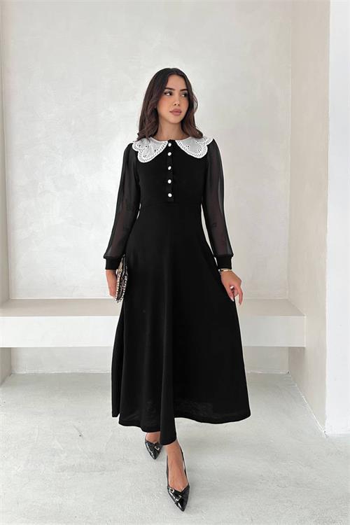 Dipmoda kadın yaka dantel detaylı düğmeli elbise DPK4301