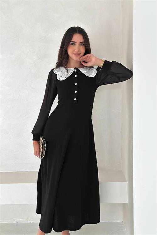 Dipmoda kadın yaka dantel detaylı düğmeli elbise DPK4301