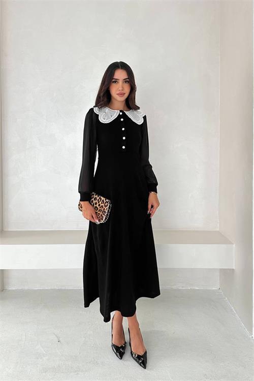 Dipmoda kadın yaka dantel detaylı düğmeli elbise DPK4301