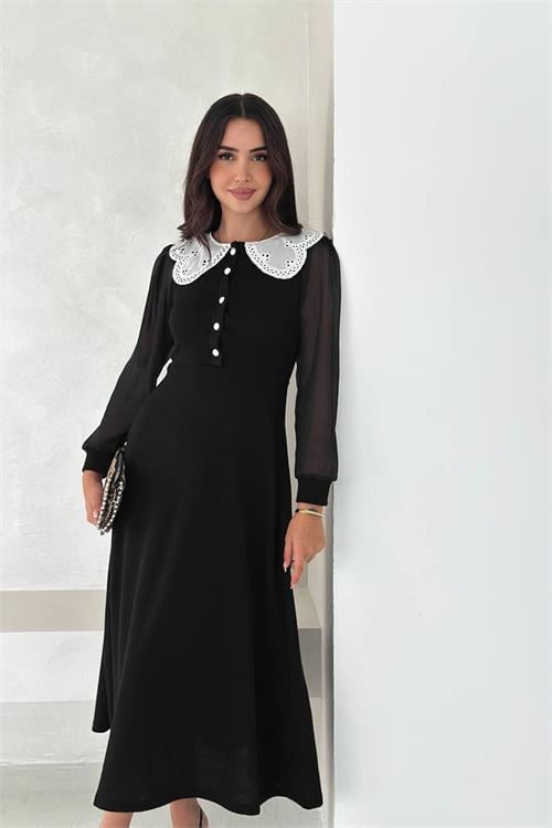 Dipmoda kadın yaka dantel detaylı düğmeli elbise DPK4301