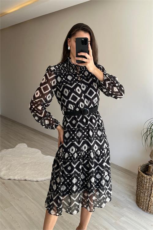 Dipmoda kadın yaka lastikli geometrik desen midi şifon elbise NM021