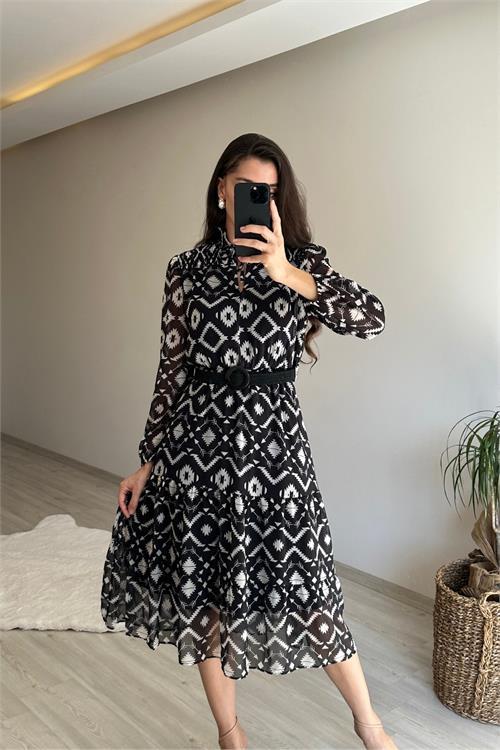 Dipmoda kadın yaka lastikli geometrik desen midi şifon elbise NM021
