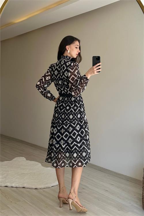 Dipmoda kadın yaka lastikli geometrik desen midi şifon elbise NM021