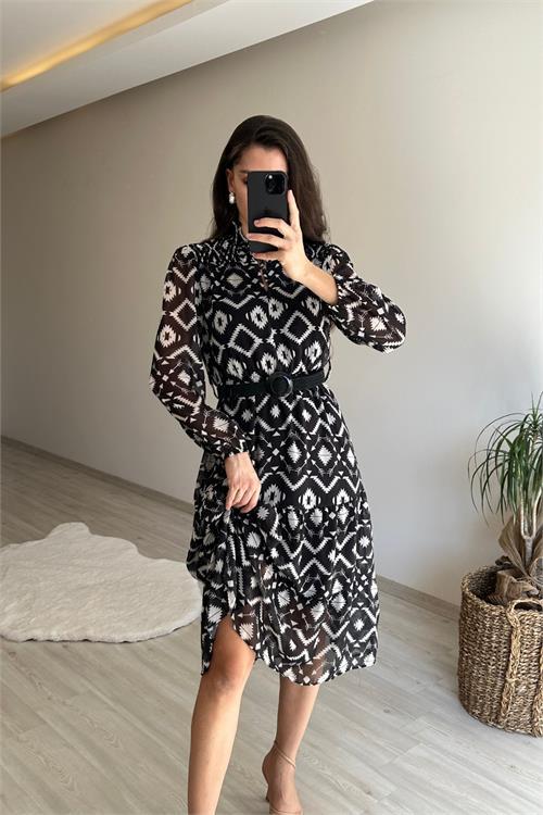 Dipmoda kadın yaka lastikli geometrik desen midi şifon elbise NM021