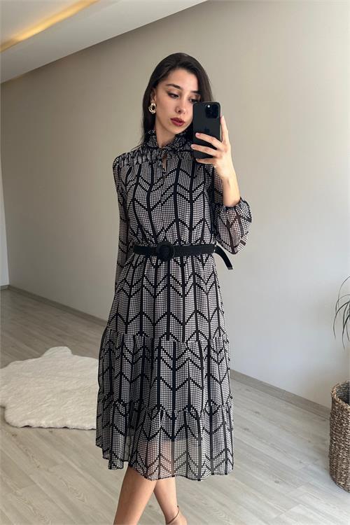 Dipmoda kadın yaka lastikli küçük puantiyeli midi şifon elbise NM022