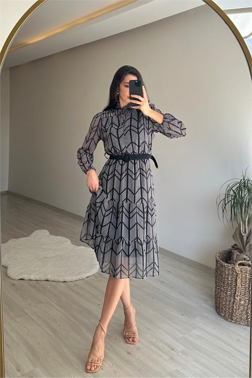 Dipmoda kadın yaka lastikli küçük puantiyeli midi şifon elbise NM022