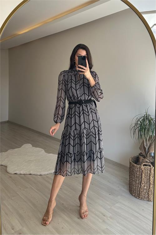 Dipmoda kadın yaka lastikli küçük puantiyeli midi şifon elbise NM022