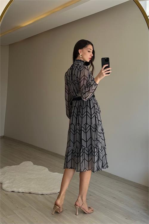 Dipmoda kadın yaka lastikli küçük puantiyeli midi şifon elbise NM022