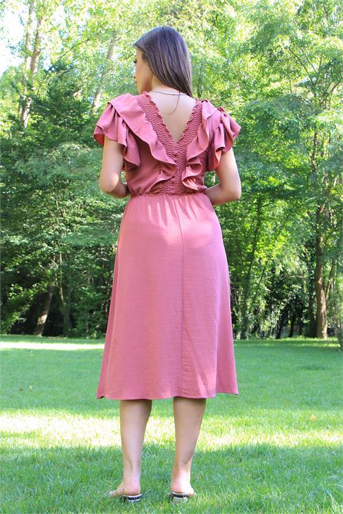 Dipmoda kadın yaka ve kolları fırfırlı bağlama detaylı ayrobin elbise NB10050 