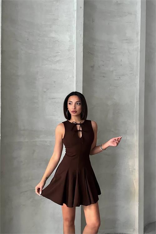 Dipmoda kadın yakası bağlama detaylı likralı mini elbise DPG084