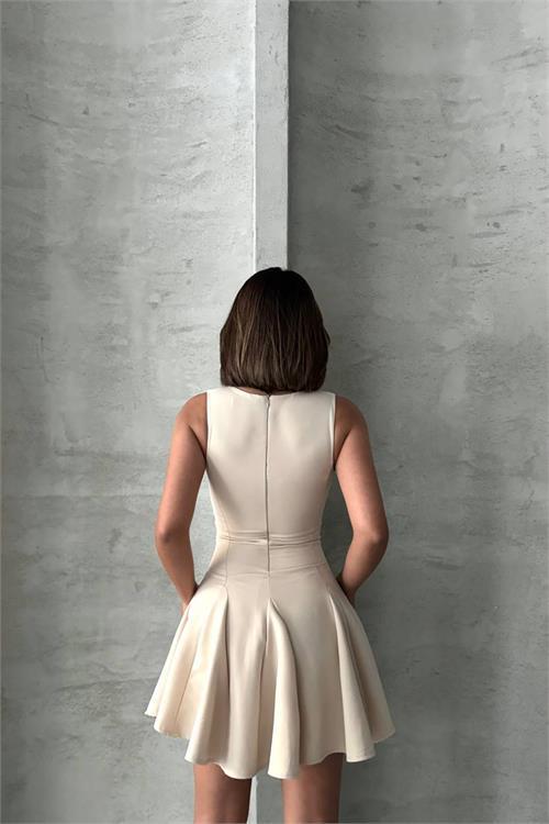 Dipmoda kadın yakası bağlama detaylı likralı mini elbise DPG084