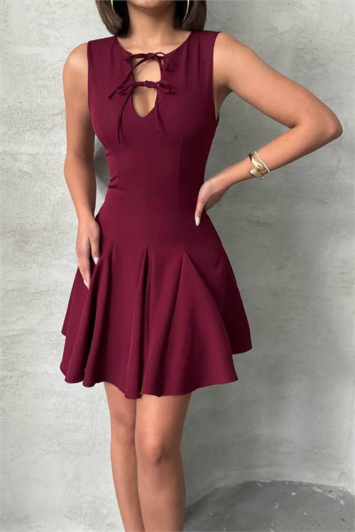 Dipmoda kadın yakası bağlama detaylı likralı mini elbise DPG084