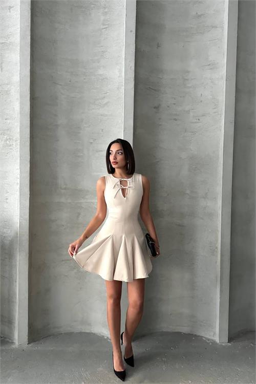 Dipmoda kadın yakası bağlama detaylı likralı mini elbise DPG084