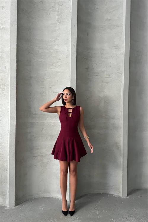 Dipmoda kadın yakası bağlama detaylı likralı mini elbise DPG084