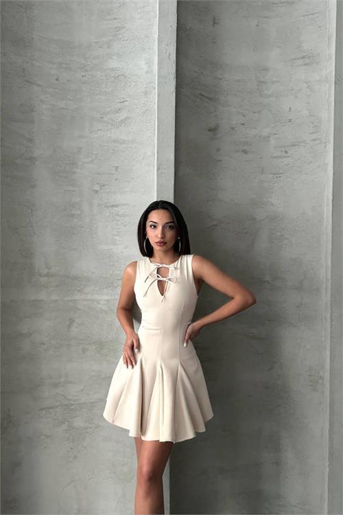 Dipmoda kadın yakası bağlama detaylı likralı mini elbise DPG084