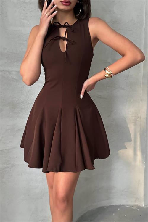 Dipmoda kadın yakası bağlama detaylı likralı mini elbise DPG084